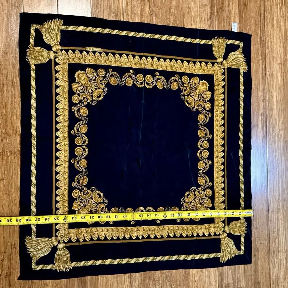 VTG Echo Luxury Black Gold Floral Scroll Tassel Motif Silk Scarf 29” X 30”